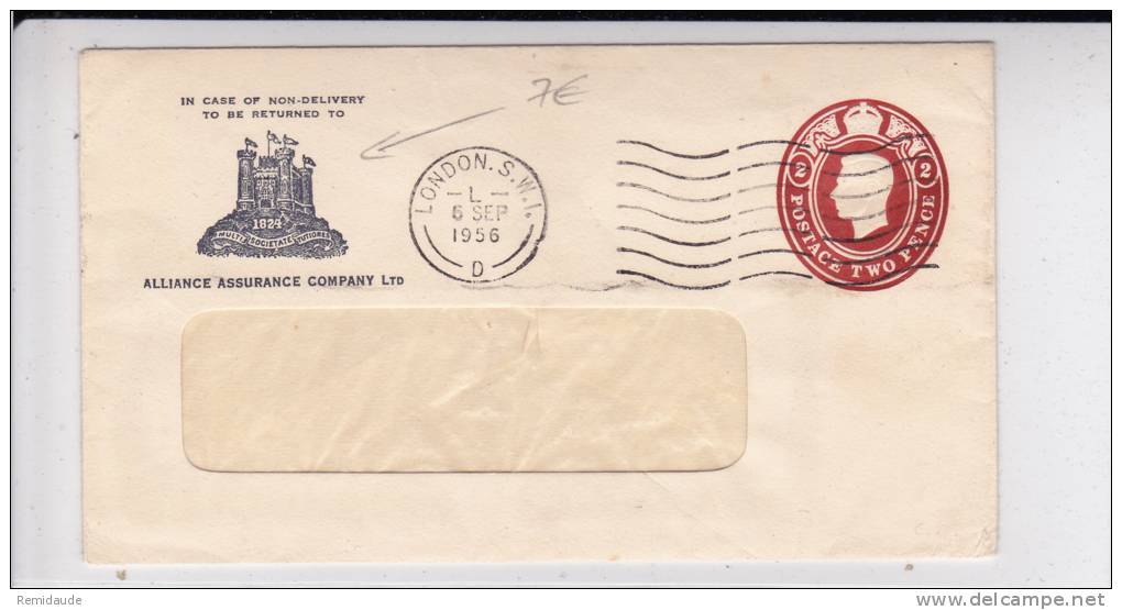 GB - 1956 - ENVELOPPE ENTIER POSTAL Avec REPIQUAGE PRIVE De ALLIANCE ASSURANCE  à LONDRES - Postwaardestukken