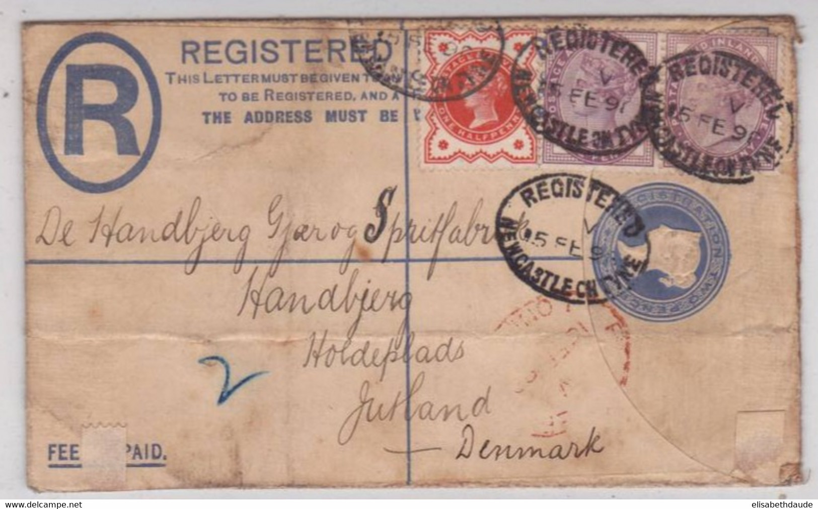 GB - 1898 - ENVELOPPE ENTIER POSTAL RECOMMANDEE TYPE VICTORIA De NEWCASTLE Pour Le DANEMARK - Storia Postale