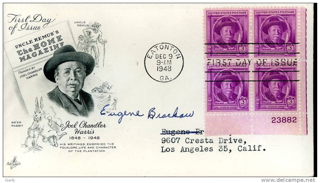 USA UNITED STATES 1948 FDC JOEL CHANDLER HARRIS ART CRAFT - 1941-1950