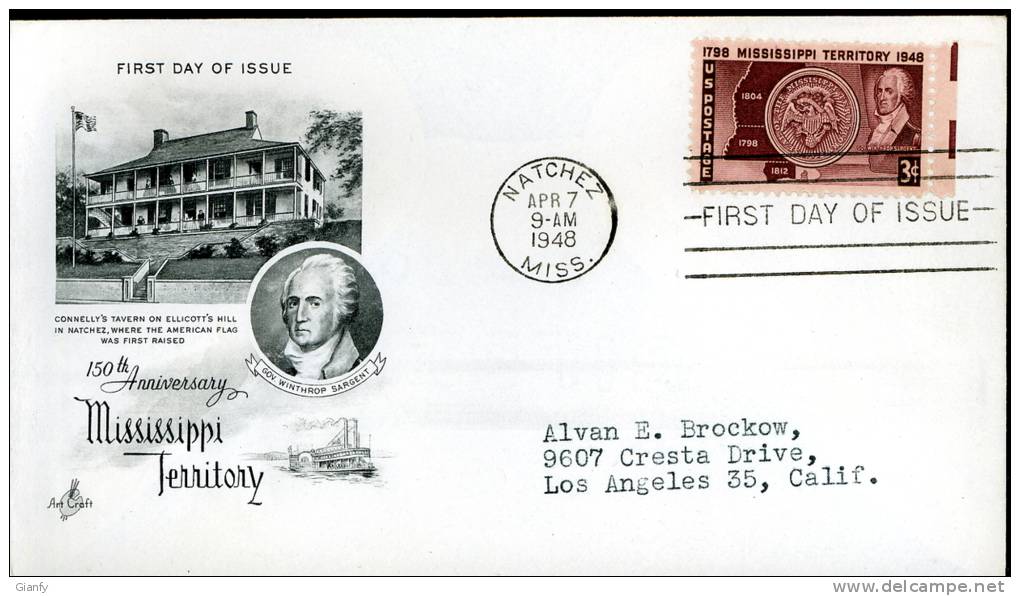 USA UNITED STATES 1948 FDC MISSISSIPPI TERRITORY ART CRAFT - 1941-1950