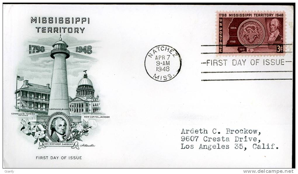 USA UNITED STATES 1948 FDC MISSISSIPPI TERRITORY ARTMASTER - 1941-1950