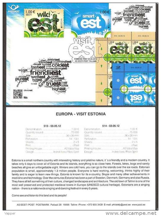 Europa Estonia 2012  2 Stamps  Presemtation Card (english) Europa CEPT Mi 733-4 - 2012