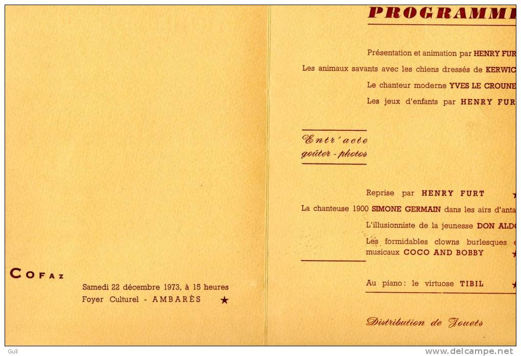 Vieux Papier -Programme "Arbre De Noël" AMBARES- COFAZ- 22-12-1973 (Henry Furt, Kerwich,Yves Le Crounet,Don Aldo,Tibil) - Programme