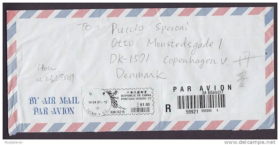 Taiwan Republic Of China Airmail Par Avion & Registered Recommandée Label 2001 Meter Stamp Cover To Denmark - Poste Aérienne