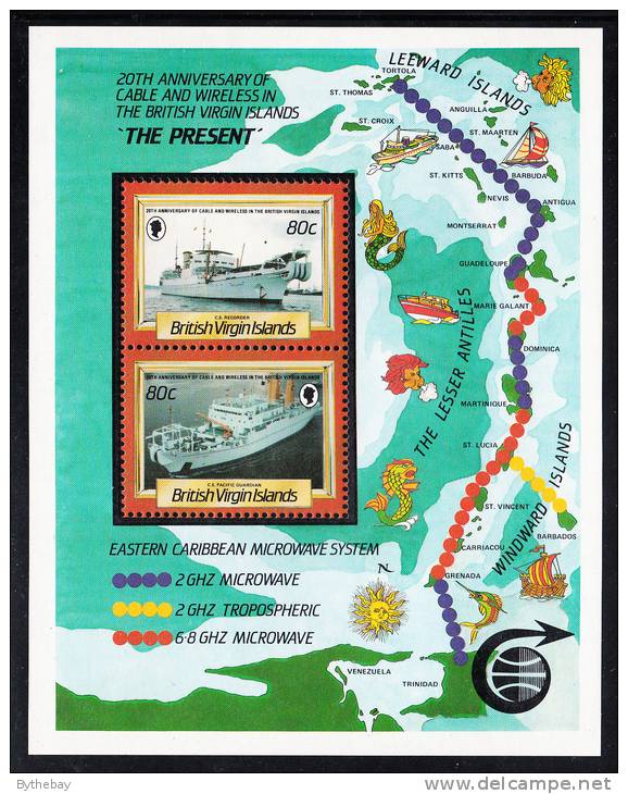 British Virgin Islands MNH Scott #557 Souvenir Sheet Of 2 80c Recorder, Pacific Guardian - Cable-Laying Ships - Iles Vièrges Britanniques