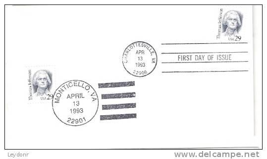 FDC Thomas Jefferson   - 1993 - 2 Stamps - Two Postmarkes - 1991-2000
