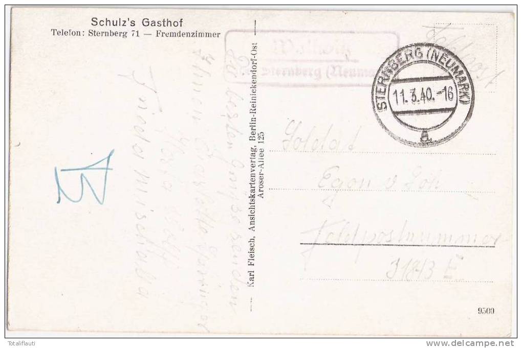 Wallwitz Ost Sternberg Walowice Straße Gasthof Schulz Dorfstraße Landpost Nebenstempel 11.3.1940 2-zeilig - Neumark