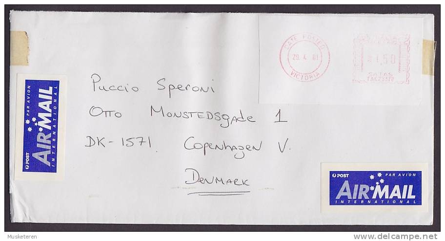 Australia Airmail Par Avion International Label VICTORIA 2001 Meter Stamp Cover To Denmark - Lettres & Documents