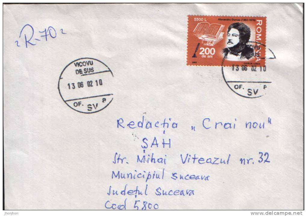 Romania-Envelope Circulated 2002 -Alexandre Dumas,200 Years After Birth - Writers