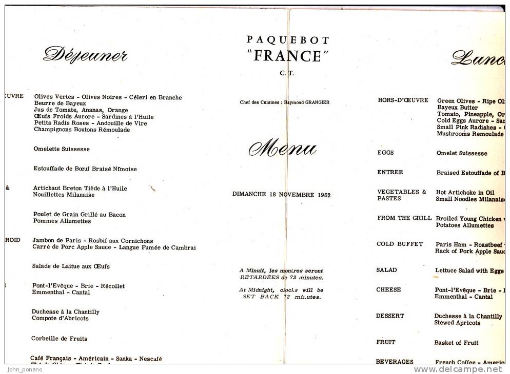 Menu Paquebot France 1962 - Menú