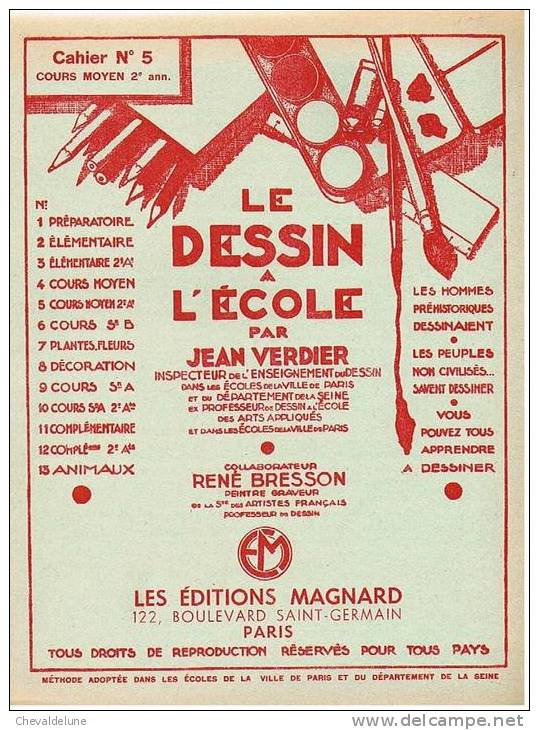 LIVRE SCOLAIRE : JEAN VERDIER : LE DESSIN A L'ECOLE CAHIER N°5 COURS MOYEN 2ème ANNEE 1956 - 6-12 Ans