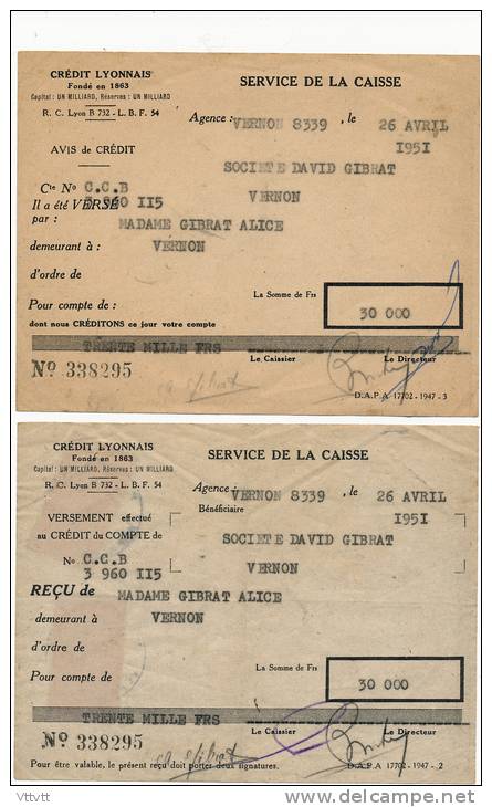 Credit Lyonnais : Service De Caisse, 26 Avril 1951, Versement Sur Compte, Agence De Vernon, Timbres Fiscaux, 2 Volets... - Bank & Insurance