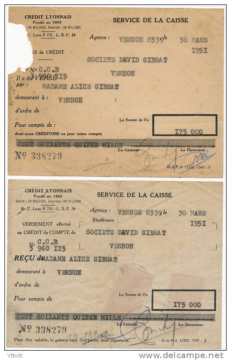 Credit Lyonnais : Service De Caisse, 30 Mars 1951, Versement Sur Compte, Agence De Vernon, Timbres Fiscaux, 2 Volets... - Bank & Insurance