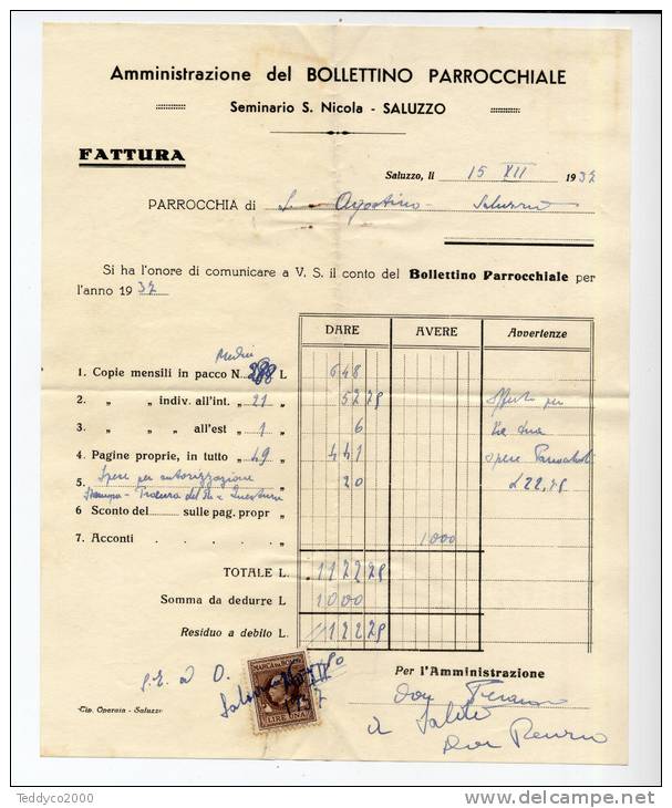 SALUZZO Seminario S. Nicola Amministrazione Del Bollettino Parrochiale 1937 Con Marca Da 1 Lit - Italia