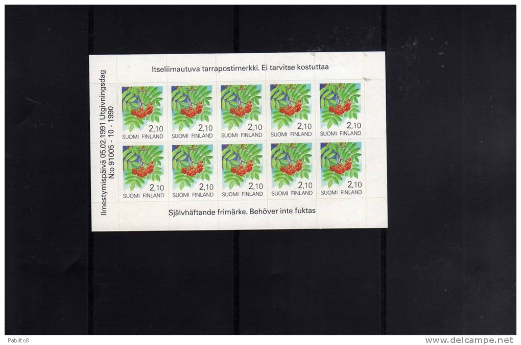 SUOMI FINLAND - FINLANDIA 1991 FLORA FLOWERS Rowan Sheet Self-Adhesive - Fiori Sorbo Selvatico Foglietto Autoadesivo MNH - Hojas Bloque