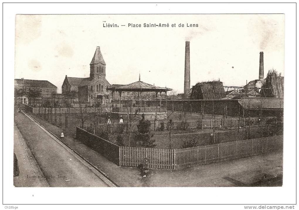 Rare CPA - 62 - Pas De Calais - Lievin - Place Saint - Amé Et De Lens - Eglise - Usines -Jardin - Kiosque -  Peu Commune - Lievin