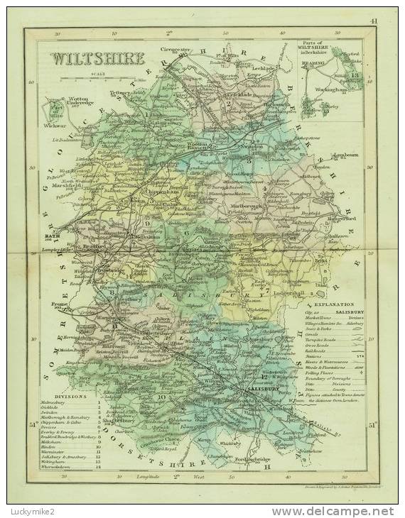C1845 Map Of "Wiltshire" By ´J Archer´. - Topographische Kaarten