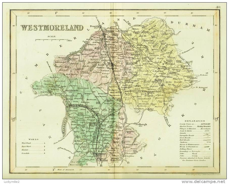 C1845 Map Of "Westmorland" By ´J Archer´. - Topographical Maps