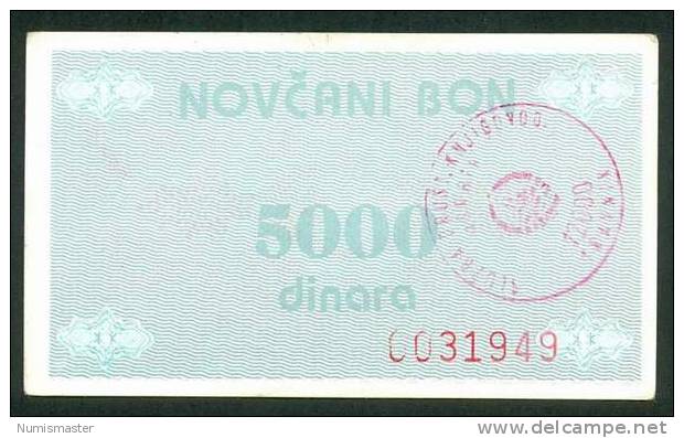 RRR , BOSNIA WAR TIME BANKNOTE , 5000 DINARA , HANDSTAMP TRAVNIK  ND (1992) - Bosnië En Herzegovina