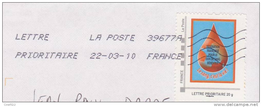 FRANCE, Timbre Personnalise Don Du Sang, 2010, Sur Lettre - Secourisme