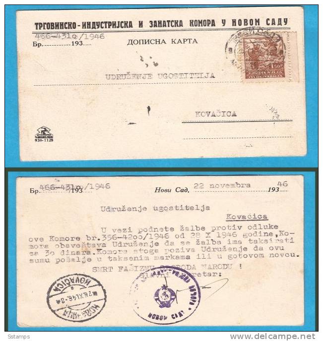 A-16  JUGOSLAVIJA JUGOSLAVIA 1946  FIRST PERIOD POSTAL CARD NOVI SAD PER KOVACICA - Briefe U. Dokumente