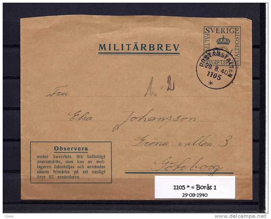 Postanstalten - 1105 * = BORÅS 1  (29-08-1940). - Military