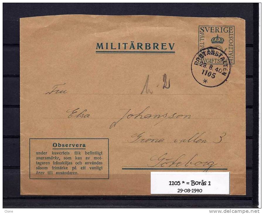 Postanstalten - 1105 * = BORÅS 1  (29-08-1940). - Militaires