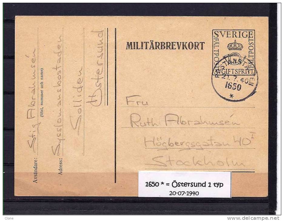 Postanstalten - 1650 * = ÖSTERSUND 1 Type 3  (20-07-1940). - Militärmarken