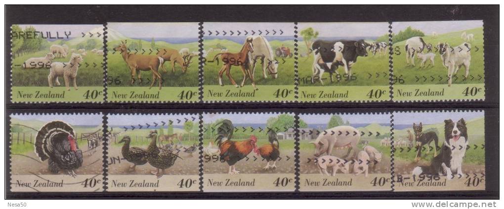 Nieuw-Zeeland 1995 Mi Nr 1441-1450 D, Animals, Boerderijdieren, Farm Animals, Cow, Chicken, Dog - Gebraucht