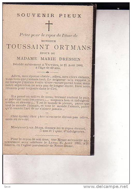 VERVIERS Toussaint ORTMANS époux DRESSEN 1820-1889 Souvenir Mortuaire Pieux - Images Religieuses