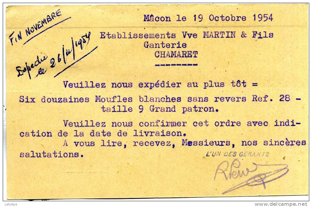 Carte De Commande Des Ets Perret-Mercerie-Chaussure A Macon  Adressé A Ets Vve-Martin Ganterie A Chamaret - Negozi