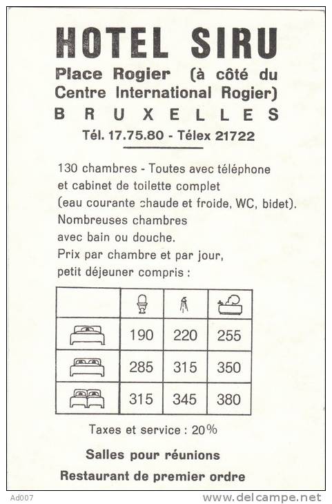 BRUXELLES (Belgique) - CP - Hôtel SIRU - Place Rogier (Pub Au Dos) + Voitures Mercédès Citroën 2cv - Cafés, Hôtels, Restaurants