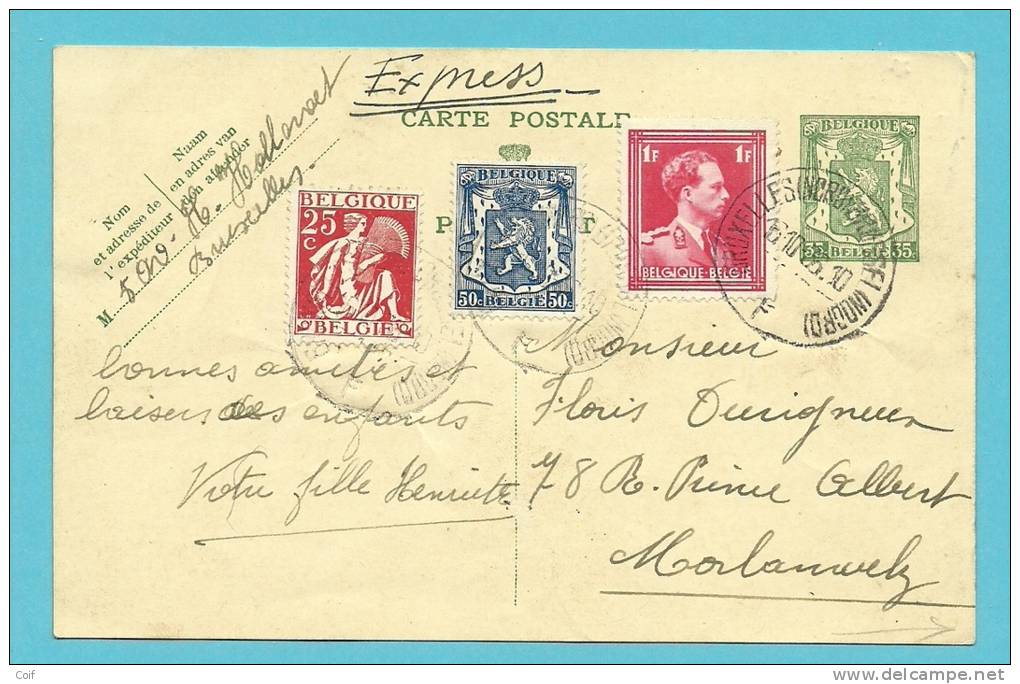 339+426+428 Op Entier Per EXPRES Met Stempel BRUXELLES, Met Als Aankomst Verso Telegraafstempel MORLANWELZ - 1932 Cérès Et Mercure