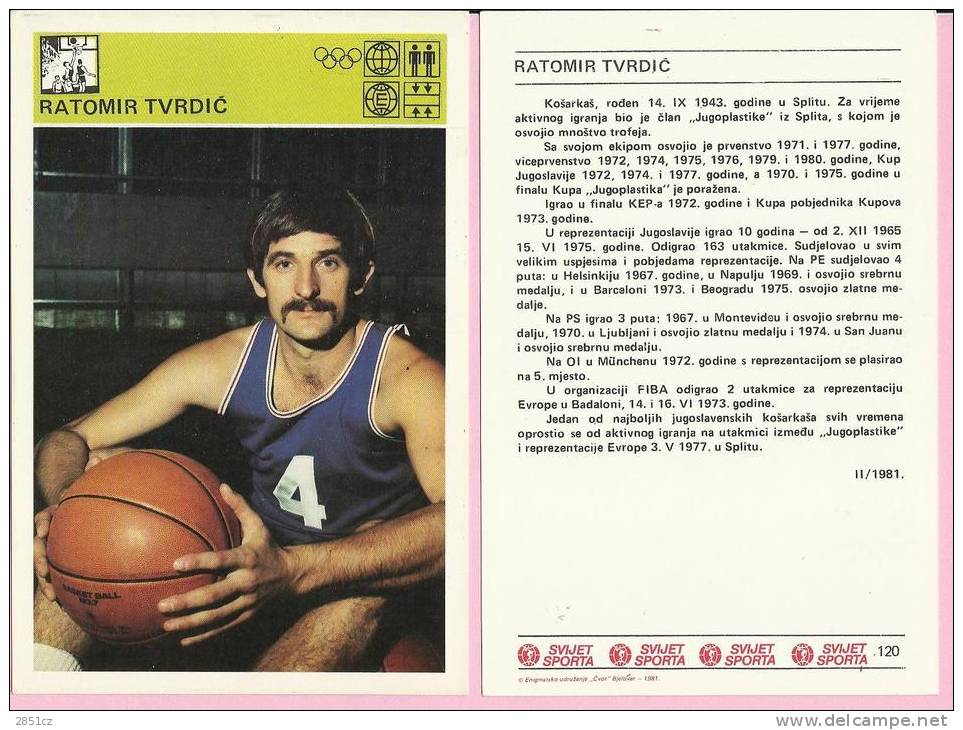 SPORT CARD  No 120 - RATOMIR TVRDI&#262;,  Yugoslavia, 1981., 10 X 15 Cm - Sonstige & Ohne Zuordnung