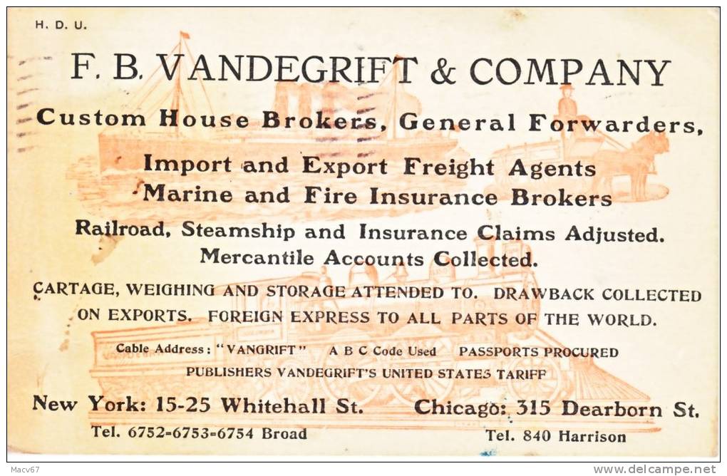 U.S. Post Card AD For Custom House Brokers, 1908  SHIP  TRAIN  HORSE CART - Covers & Documents