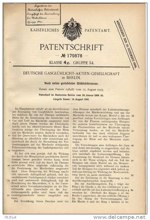 Original Patentschrift - Deutsche Gasglühlicht AG In Berlin , 1904 , Glühlichtbrenner , Lampe , Leuchter !!! - Luminarie E Lampadari