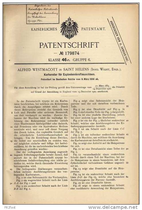 Original Patentschrift - A. Westmacott In Saint Helens , 1906 , Karburator Für Motor , Vergaser !!! - Cars