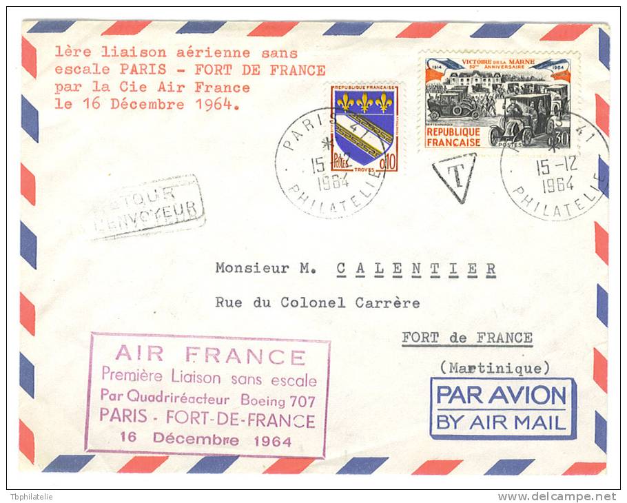 VEND N° 1353+1429 SUR LETTRE,1°LIAISON AERIENNE SANS ESCALE PARIS-FORT DE FRANCE,AIR FRANCE,16.12.1964,TAXEE !!!! - 1960-.... Storia Postale