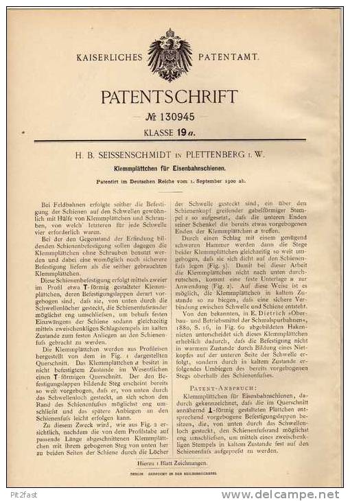 Original Patentschrift - H. Seissenschmidt In Plettenberg , 1900 , Schiene Für Eisenbahn !!! - Sonstige & Ohne Zuordnung