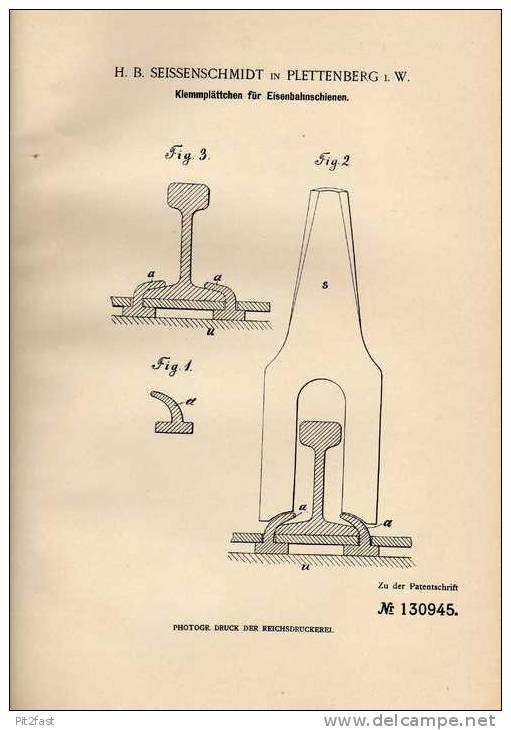 Original Patentschrift - H. Seissenschmidt In Plettenberg , 1900 , Schiene Für Eisenbahn !!! - Sonstige & Ohne Zuordnung