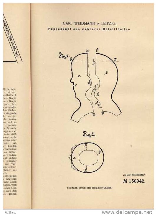 Original Patentschrift - Kopf Für Puppe Aus Metallteilen , 1900 , C. Weidmann In Leipzig !!! - Puppen