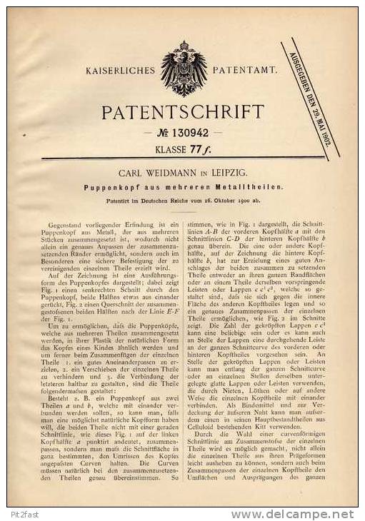 Original Patentschrift - Kopf Für Puppe Aus Metallteilen , 1900 , C. Weidmann In Leipzig !!! - Puppen