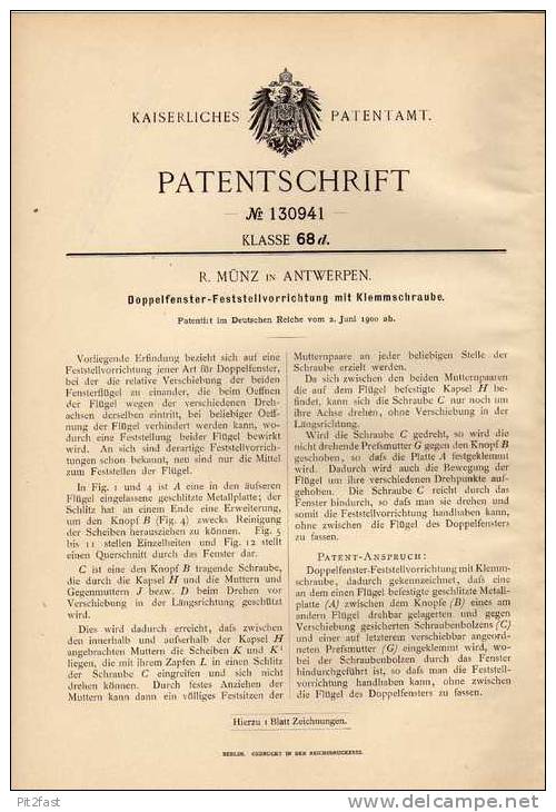 Original Patentschrift - R. Münz In Antwerpen , 1900 , Doppelfenster Mit Feststeller , Fenster !!! - Arquitectura