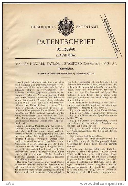 Original Patentschrift - W. Taylor In Stamford , 1900 , Türschließer , Tür !!! - Architecture