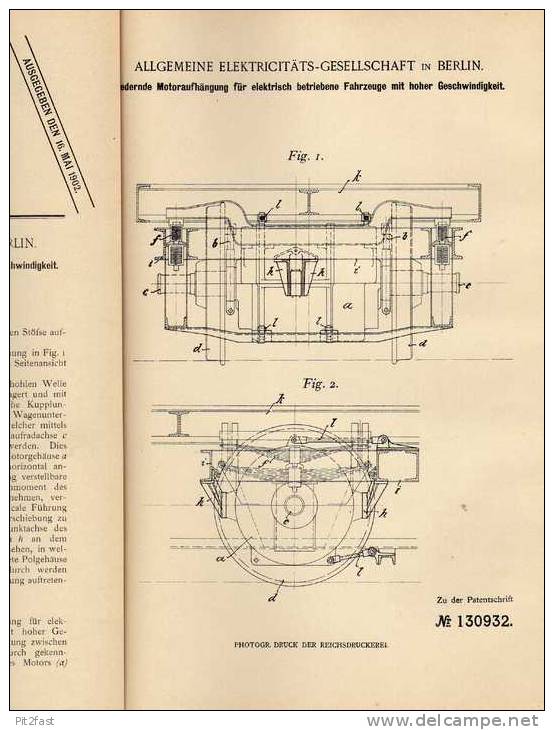 Original Patentschrift - AEG In Berlin , 1901 , Federnde Motoraufhängung Für Fahrzeuge Mit Hoher Geschwindigkeit !!! - Cars