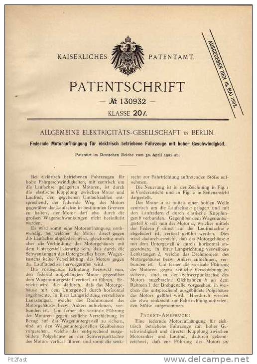 Original Patentschrift - AEG In Berlin , 1901 , Federnde Motoraufhängung Für Fahrzeuge Mit Hoher Geschwindigkeit !!! - Cars