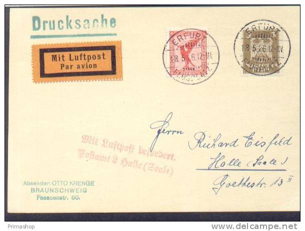 A5 /   Luftpost Luftpostkarte /  Erfurt - Halle 1926 - Poste Aérienne & Zeppelin