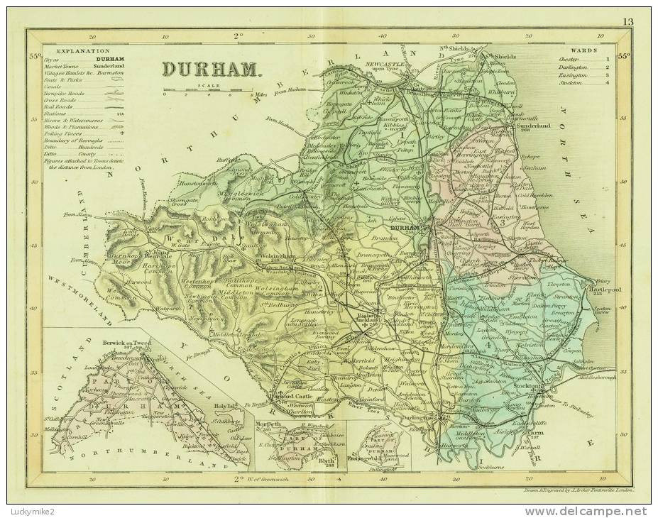 C1845 Map Of "Durham" By ´J Archer´. - Topographical Maps