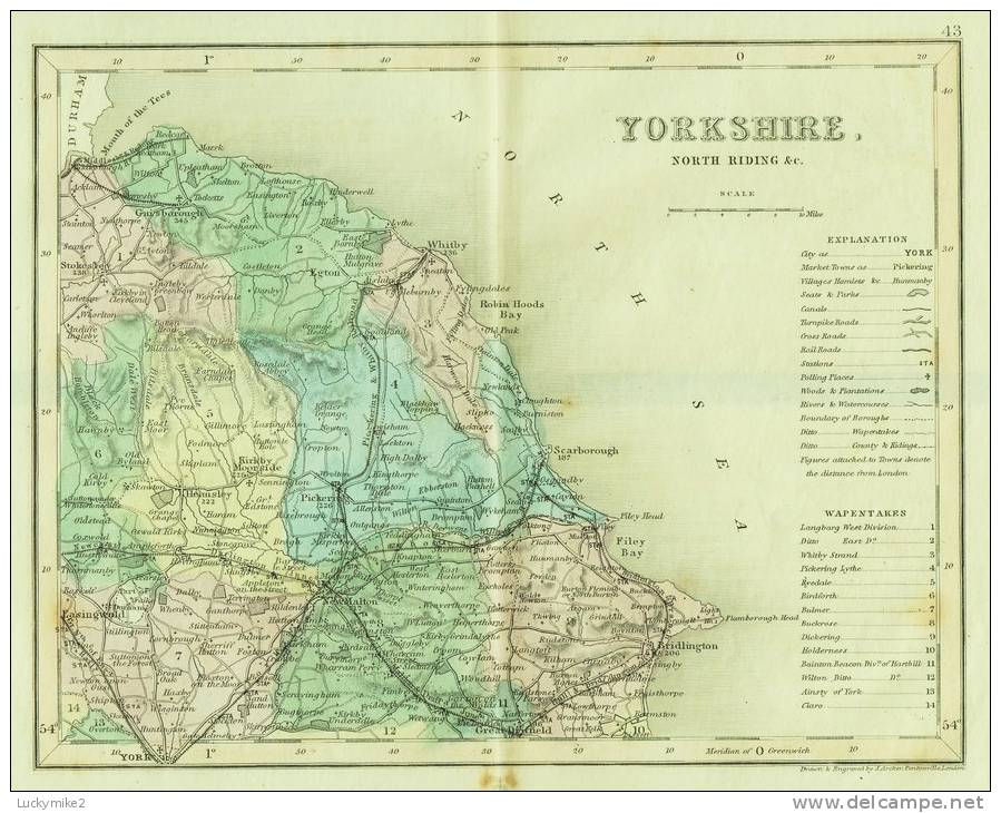 C1845 Map Of "North Yorkshire" By ´J Archer´. - Topographical Maps