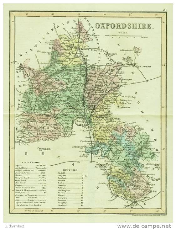 C1845 Map Of "Oxfordshire" By ´J Archer´. - Cartes Topographiques